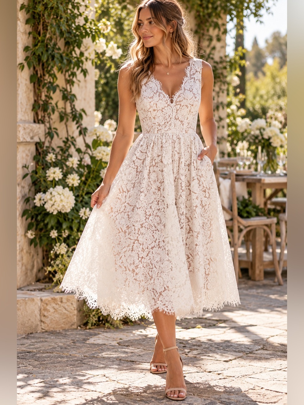 Lulus Love Swept White Lace Midi Skater Dress Pockets Bridal Large NWT romantic